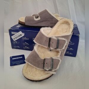 Birkenstock Shearling-Trim Suede Two-Strap Sandals in Taupe and Cream